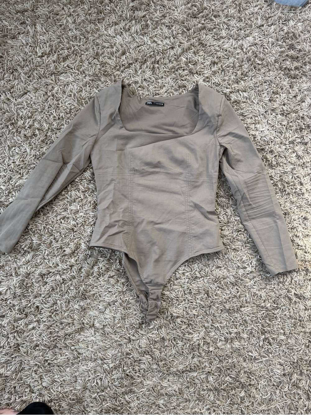 Zara Neutral Taupe Long-Sleeve One-Piece Bodysuit